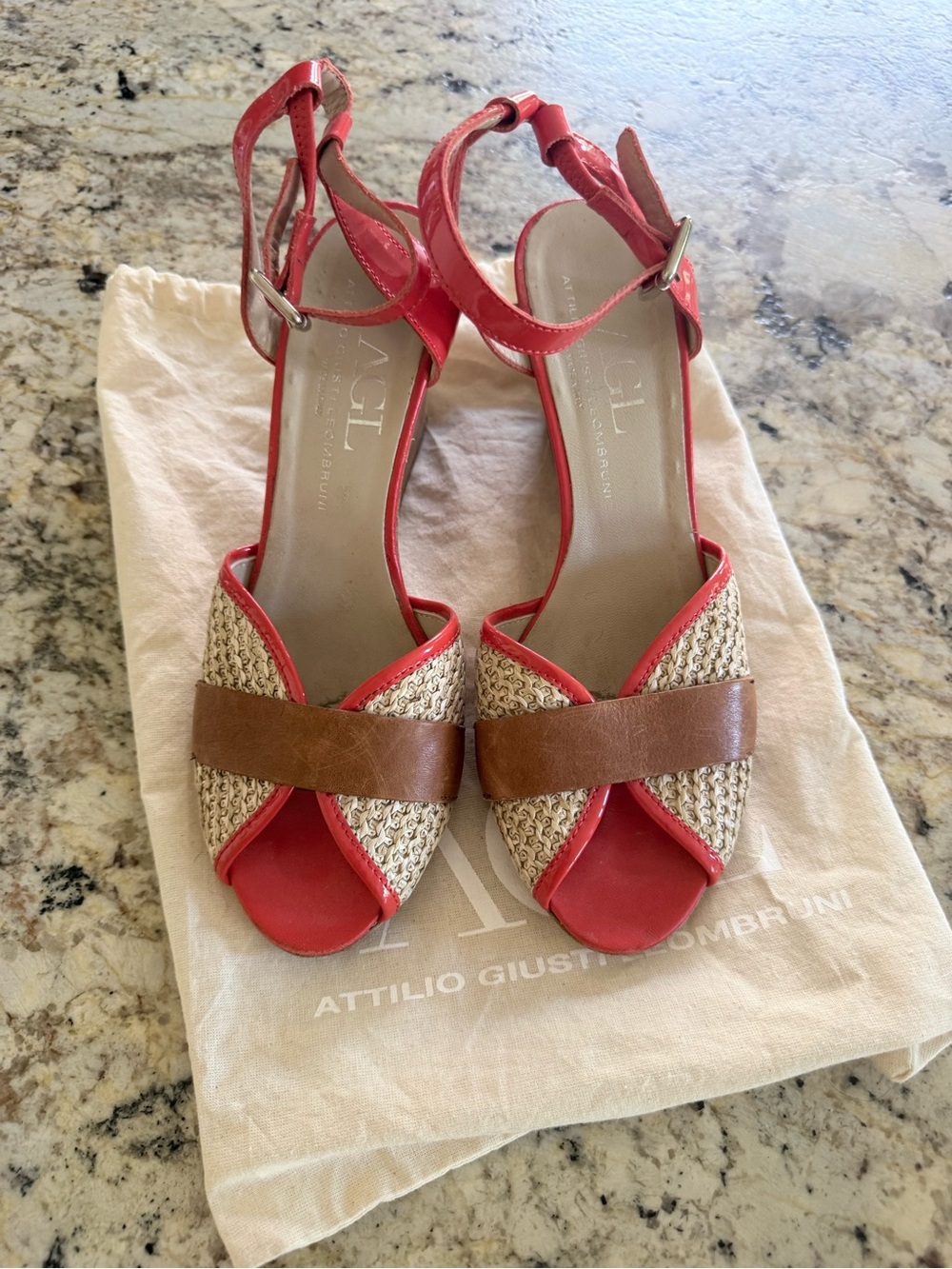 Attilio Giusti Leombruni Red and Brown Woven Ankle-Strap Sandals